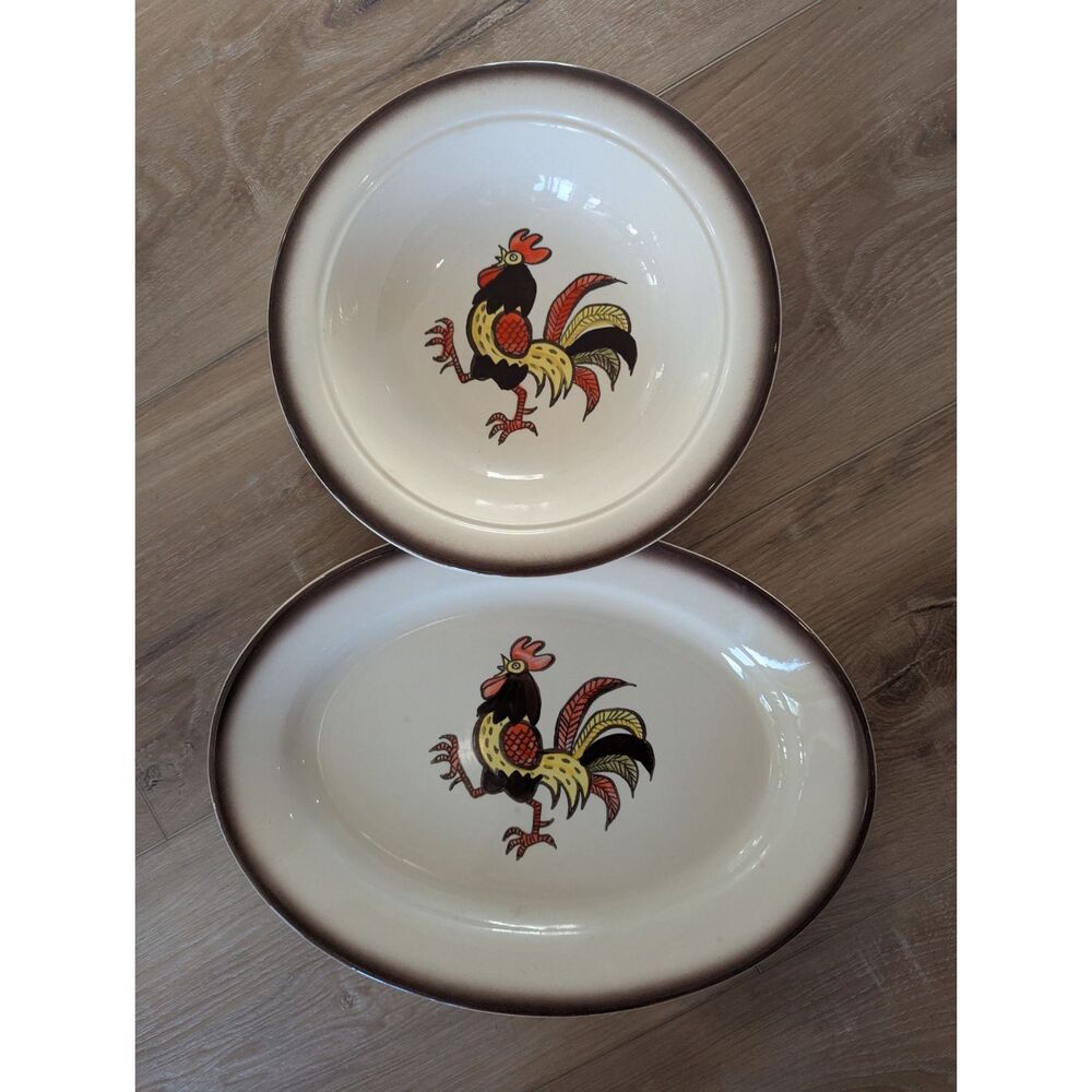 Vintage Metlox Red Rooster Poppytrail  Oval Serving Dishes (Platter & Bowl) MCM
